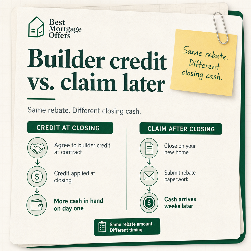 Cash-to-close ledger showing that rebate timing, taxes, deposits, and builder adjustments all affect closing cash.