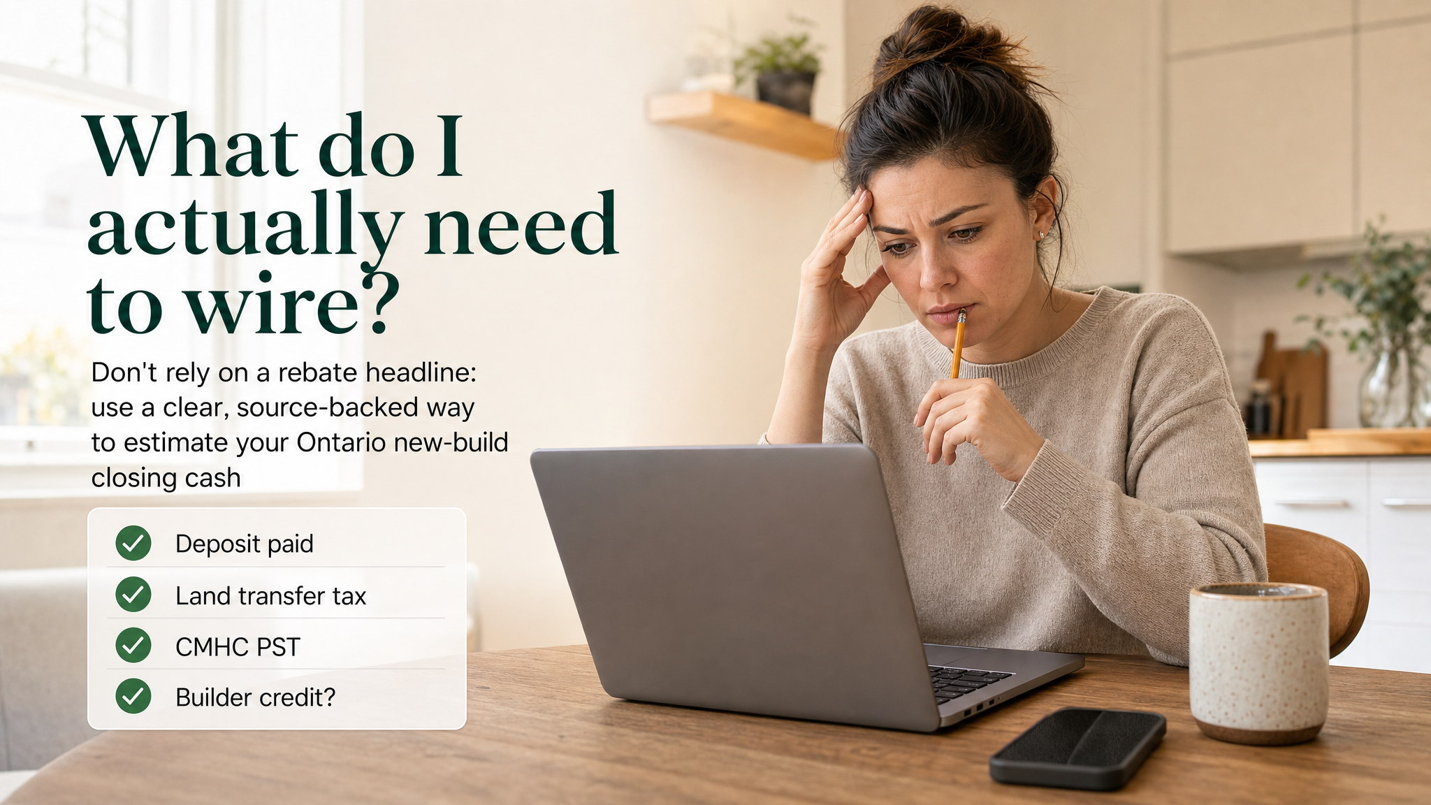 Stressed Ontario new-build buyer looking at a laptop beside a checklist for deposit, land transfer tax, CMHC PST, and builder credit.